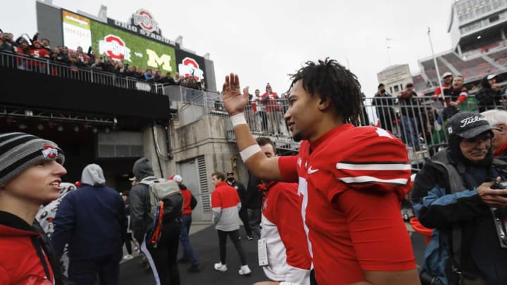 Ohio State Buckeyes quarterback C.J. Stroud (7) waves to fans as he leaves the field following their 56-7 win over the Michigan State Spartans in the NCAA football game at Ohio Stadium in Columbus on Saturday, Nov. 20, 2021.Michigan State Spartans At Ohio State Buckeyes Football