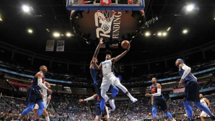 ORLANDO, FL - NOVEMBER 29: Elfrid Payton #2 of the Orlando Magic goes for a lay up against the Oklahoma City Thunder on November 29, 2017 at Amway Center in Orlando, Florida. NOTE TO USER: User expressly acknowledges and agrees that, by downloading and/or using this photograph, user is consenting to the terms and conditions of the Getty Images License Agreement. Mandatory Copyright Notice: Copyright 2017 NBAE (Photo by Fernando Medina/NBAE via Getty Images)
