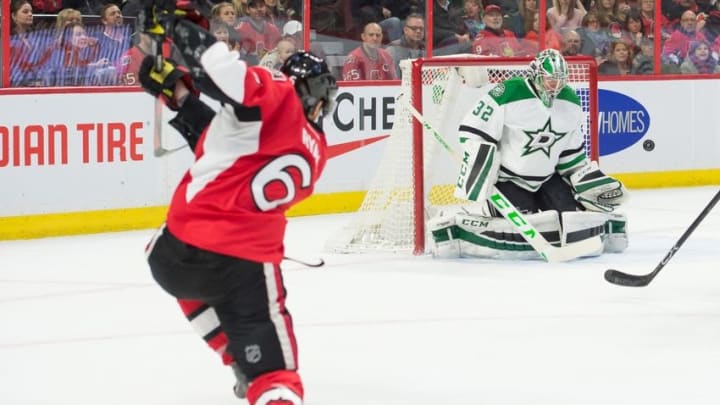 Mar 6, 2016; Ottawa, Ontario, CAN; Ottawa Senators right wing Bobby Ryan (6) shoots on Dallas Stars goalie Kari Lethonen (32) in the second period at the Canadian Tire Centre. Mandatory Credit: Marc DesRosiers-USA TODAY Sports