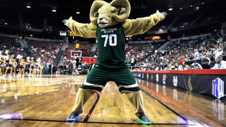LAS VEGAS, NV - MARCH 11: The Colorado State Rams mascot CAM the Ram performs during the team's game against the Nevada Wolf Pack during the second half of the championship game of the Mountain West Conference basketball tournament at the Thomas