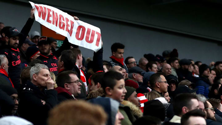 BRIGHTON, ENGLAND - MARCH 04: Fans protest towards Arsene Wenger, Manager of Arsenal (not pictured) following the Premier League match between Brighton and Hove Albion and Arsenal at Amex Stadium on March 4, 2018 in Brighton, England. (Photo by Catherine Ivill/Getty Images)