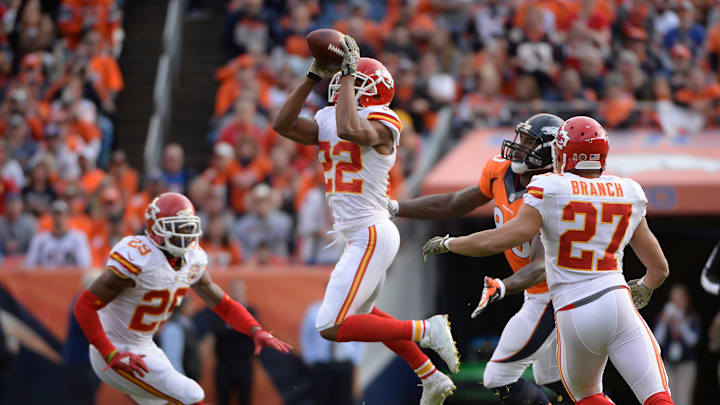 Marcus Peters (22) of the Kansas City Chiefs intercepts Peyton Manning’s first pass attempt (Photo by AAron Ontiveroz/The Denver Post via Getty Images)