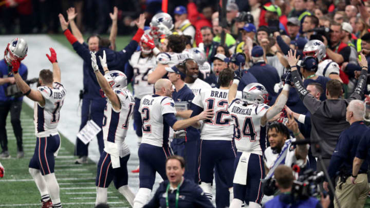 ATLANTA, GEORGIA - FEBRUARY 03: Tom Brady #12 of the New England Patriots celebrates with his team after their 13-3 win over the Los Angeles Rams during Super Bowl LIII at Mercedes-Benz Stadium on February 03, 2019 in Atlanta, Georgia. (Photo by Patrick Smith/Getty Images)