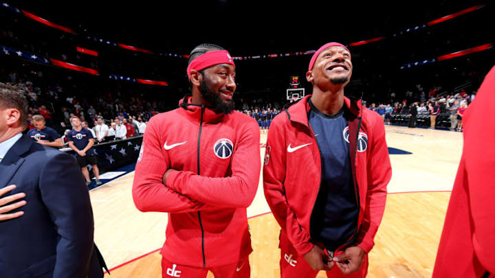 WASHINGTON, DC - OCTOBER 1: John Wall #2, and Bradley Beal #3 of the Washington Wizards are seen during the National Anthem before the game against the New York Knicks on October 1, 2018 at Capital One Arena in Washington, DC. NOTE TO USER: User expressly acknowledges and agrees that, by downloading and/or using this photograph, user is consenting to the terms and conditions of the Getty Images License Agreement. Mandatory Copyright Notice: Copyright 2018 NBAE (Photo by Ned Dishman/NBAE via Getty Images)