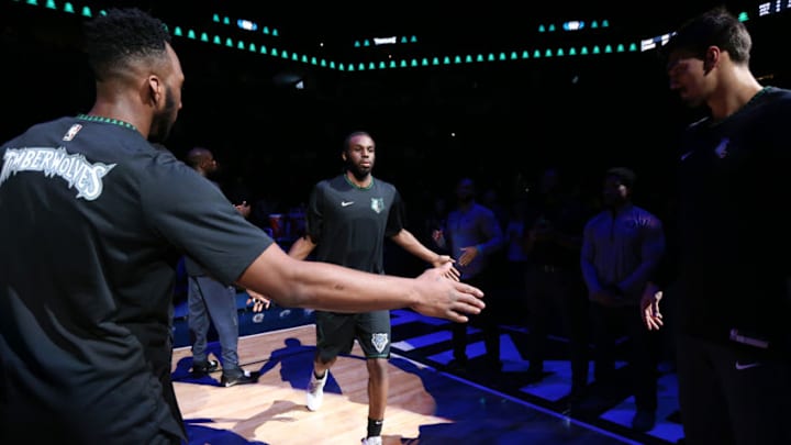 MINNEAPOLIS, MN - DECEMBER 3: Andrew Wiggins #22 of the Minnesota Timberwolves makes his entrance before the game against the Houston Rockets on December 3, 2018 at Target Center in Minneapolis, Minnesota. NOTE TO USER: User expressly acknowledges and agrees that, by downloading and or using this Photograph, user is consenting to the terms and conditions of the Getty Images License Agreement. Mandatory Copyright Notice: Copyright 2018 NBAE (Photo by David Sherman/NBAE via Getty Images)