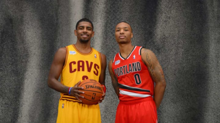 HOUSTON, TX – FEBRUARY 15: Kyrie Irving #2 and Damian Lillard #0 of Team Shaq poses for portraits prior to the 2013 BBVA Rising Stars Challenge at Toyota Center on February 15, 2013 in Houston, Texas. Copyright 2013 NBAE (Photo by Jesse D. Garrabrant/NBAE via Getty Images)