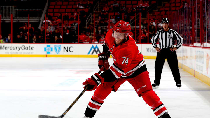 RALEIGH, NC – NOVEMBER 7: Jaccob Slavin #74 of the Carolina Hurricanes shoots the puck during an NHL game against the Florida Panthers on November 7, 2017 at PNC Arena in Raleigh, North Carolina. (Photo by Gregg Forwerck/NHLI via Getty Images)