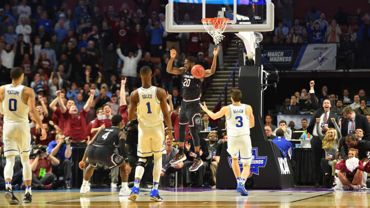 Mar 19, 2017; Greenville, SC, USA; South Carolina Gamecocks guard Justin McKie (20) scores in the second half in the second round of the 2017 NCAA Tournament at Bon Secours Wellness Arena. Mandatory Credit: Bob Donnan-USA TODAY Sports