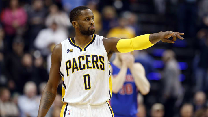 Feb 4, 2017; Indianapolis, IN, USA; Indiana Pacers guard C.J. Miles(0) points during a game against the Detroit Pistons at Bankers Life Fieldhouse. Mandatory Credit: Brian Spurlock-USA TODAY Sports