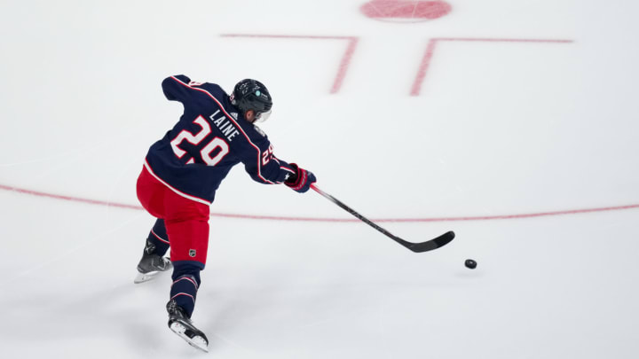 Oct 2, 2023; Columbus, Ohio, USA; Columbus Blue Jackets right wing Patrik Laine (29) passes the puck against the St. Louis Blues in the first period at Nationwide Arena. Mandatory Credit: Aaron Doster-USA TODAY Sports