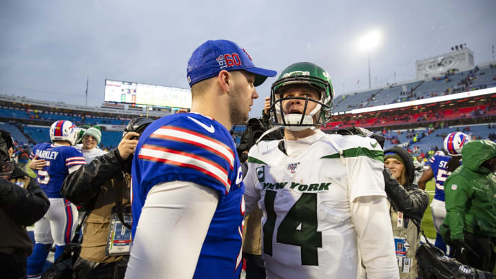 ORCHARD PARK, NY – DECEMBER 29: Josh Allen #17 of the Buffalo Bills shakes hands with Sam Darnold #14 of the New York Jets after the game at New Era Field on December 29, 2019 in Orchard Park, New York. New York defeats Buffalo 13-6. (Photo by Brett Carlsen/Getty Images)