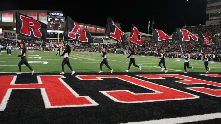 Oct 29, 2022; Lubbock, Texas, USA; The Texas Tech Red Raiders cheerleaders celebrate scoring a touchdown against the Baylor Bears in the second half at Jones AT&T Stadium and Cody Campbell Field. Mandatory Credit: Michael C. Johnson-USA TODAY Sports