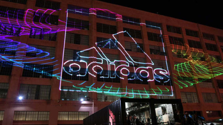 LOS ANGELES, CA - FEBRUARY 17: View of adidas logo at adidas Creates 747 Warehouse St. - an event in basketball culture on February 17, 2018 in Los Angeles, California. (Photo by Neilson Barnard/Getty Images for adidas)