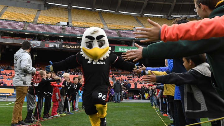 May 13, 2017; Washington, DC, USA; D.C. United mascot Talon runs onto the field before the game against the Philadelphia Union at Robert F. Kennedy Memorial. Mandatory Credit: Tommy Gilligan-USA TODAY Sports