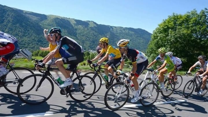 July 18, 2012; Pau-Bagneres de Luchon, FRANCE; Bradley Wiggins (GBR), in yellow, during stage sixteen of the 2012 Tour de France between Pau and Bagneres de Luchon. Mandatory Credit: Bernard Papon/Presse Sports via USA TODAY Sports