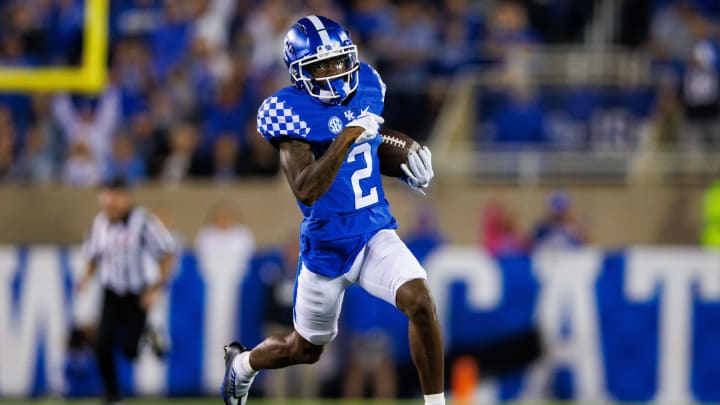 Sep 24, 2022; Lexington, Kentucky, USA; Kentucky Wildcats wide receiver Barion Brown (2) runs for a touchdown during the third quarter against the Northern Illinois Huskies at Kroger Field. Mandatory Credit: Jordan Prather-USA TODAY Sports