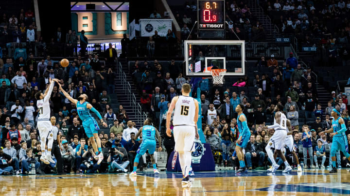 CHARLOTTE, NORTH CAROLINA – MARCH 05: Jamal Murray #27 of the Denver Nuggets makes the game winning shot in the final seconds of the fourth quarter during their game against the Charlotte Hornets at Spectrum Center on March 05, 2020 in Charlotte, North Carolina. (Photo by Jacob Kupferman/Getty Images)