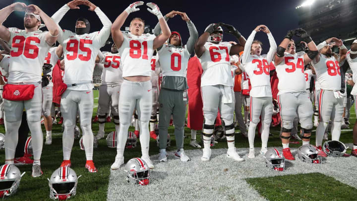 Oct 8, 2022; East Lansing, Michigan, USA; Ohio State Buckeyes sing Carmen Ohio after their NCAA Division I football game between the Ohio State Buckeyes and Michigan State Spartans at Spartan Stadium.Osu22msu Kwr 65