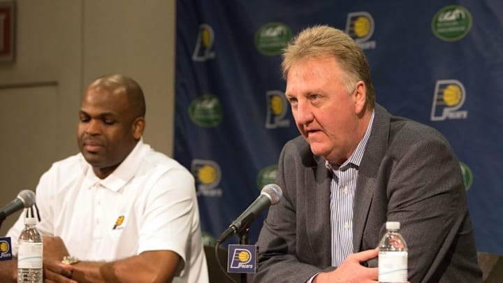 May 16, 2016; Indianapolis, IN, USA; Indiana Pacers president of basketball operations Larry Bird announces Nate McMillan as the new head coach during a press conference at Bankers Life Fieldhouse. Mandatory Credit: Trevor Ruszkowski-USA TODAY Sports May 16, 2016; Indianapolis, IN, USA; Indiana Pacers president of basketball operations Larry Bird announces Nate McMillan as the new head coach during a press conference at Bankers Life Fieldhouse. Mandatory Credit: Trevor Ruszkowski-USA TODAY Sports
