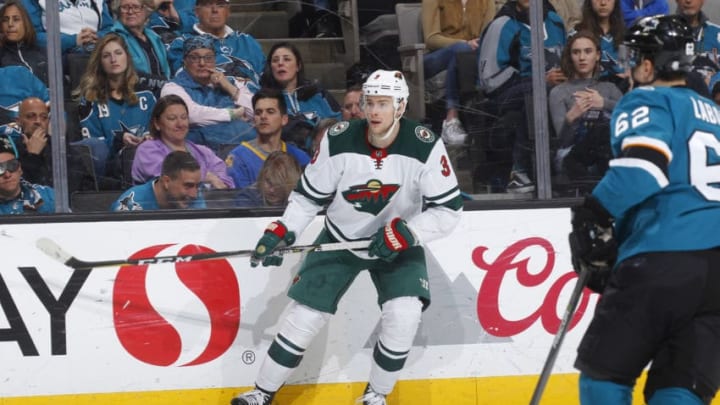 SAN JOSE, CA - APRIL 07: Charlie Coyle #3 of the Minnesota Wild skates against the San Jose Sharks at SAP Center on April 7, 2018 in San Jose, California. (Photo by Rocky W. Widner/NHL/Getty Images) *** Local Caption *** Charlie Coyle