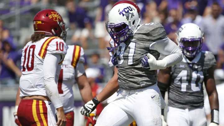 FORT WORTH, TX – SEPTEMBER 17: L.J. Collier #91 of the TCU Horned Frogs celebrates after sacking Jacob Park #10 of the Iowa State Cyclones during the second half at Amon G. Carter Stadium on September 17, 2016 in Fort Worth, Texas. TCU won 41-20. (Photo by Ron Jenkins/Getty Images)