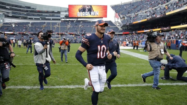 CHICAGO, IL - SEPTEMBER 30: Quarterback Mitchell Trubisky #10 of the Chicago Bears runs off of the field after defeating the Tampa Bay Buccaneers 48-10 at Soldier Field on September 30, 2018 in Chicago, Illinois. (Photo by Joe Robbins/Getty Images)
