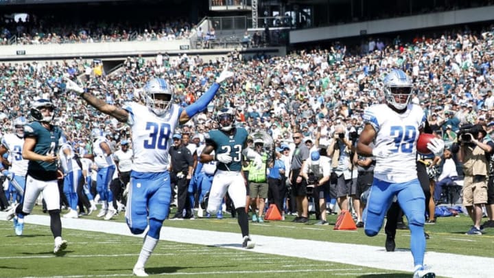 PHILADELPHIA, PENNSYLVANIA - SEPTEMBER 22: Jamal Agnew #39 of the Detroit Lions celebrates his 100 yard kick off return for a touchdown run with teammate Mike Ford #38 in the first quarter against the Philadelphia Eagles at Lincoln Financial Field on September 22, 2019 in Philadelphia, Pennsylvania. (Photo by Elsa/Getty Images)