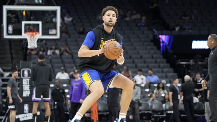 Klay Thompson of the Golden State Warriors warms up prior to playing the Sacramento Kings in a NBA preseason game at Golden 1 Center. (Photo by Thearon W. Henderson/Getty Images)