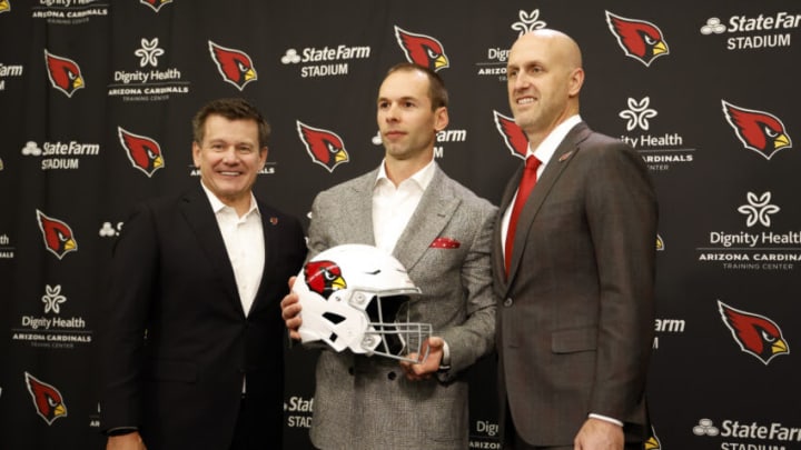 TEMPE, ARIZONA - FEBRUARY 16: (L-R) Owner Michael Bidwill, new head coach Jonathan Gannon and general manager Monti Ossenfort of the Arizona Cardinals pose for a photo during a press conference at Dignity Health Arizona Cardinals Training Center on February 16, 2023 in Tempe, Arizona. (Photo by Chris Coduto/Getty Images)