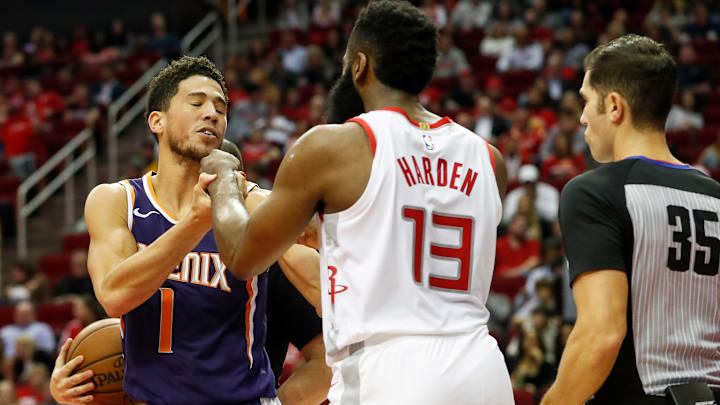 Devin Booker, James Harden, Phoenix Suns (Photo by Tim Warner/Getty Images)