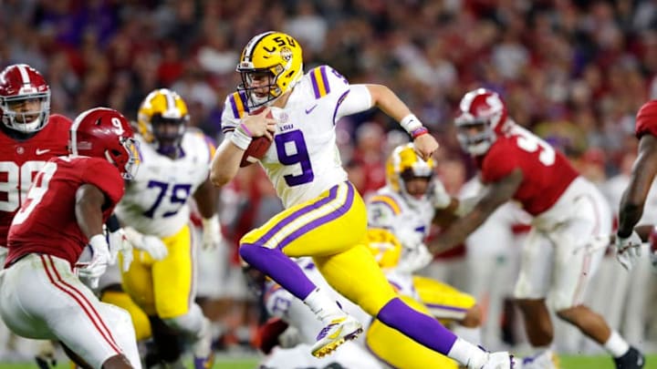 TUSCALOOSA, ALABAMA - NOVEMBER 09: Joe Burrow #9 of the LSU Tigers runs with the ball during the second half against the Alabama Crimson Tide in the game at Bryant-Denny Stadium on November 09, 2019 in Tuscaloosa, Alabama. (Photo by Kevin C. Cox/Getty Images)