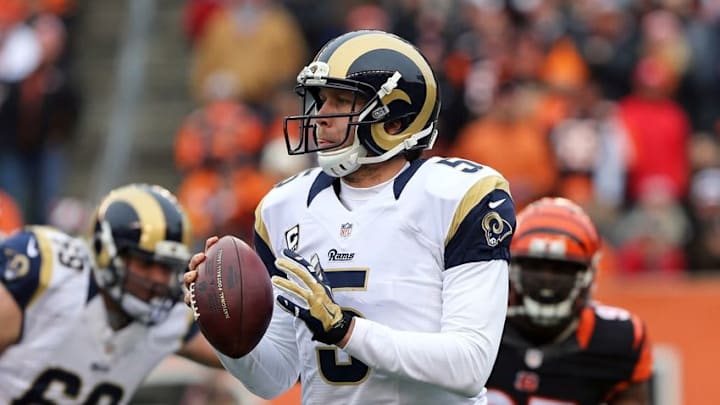 Nov 29, 2015; Cincinnati, OH, USA; St. Louis Rams quarterback Nick Foles (5) against the Cincinnati Bengals at Paul Brown Stadium. The Bengals won 31-7. Mandatory Credit: Aaron Doster-USA TODAY Sports