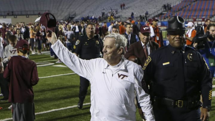 Dec 26, 2015; Shreveport, LA, USA; Virginia Tech Hokies head coach Frank Beamer walks off the field after defeating the Tulsa Golden Hurricane 55-52 in the Independence Bowl at Independence Stadium. Mandatory Credit: Troy Taormina-USA TODAY Sports