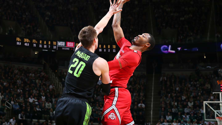 EAST LANSING, MI – FEBRUARY 17: Luther Muhammad #1 of the Ohio State Buckeyes shoots the ball and draws a foul from Matt McQuaid #20 of the Michigan State Spartans in the second half at Breslin Center on February 17, 2019 in East Lansing, Michigan. (Photo by Rey Del Rio/Getty Images)