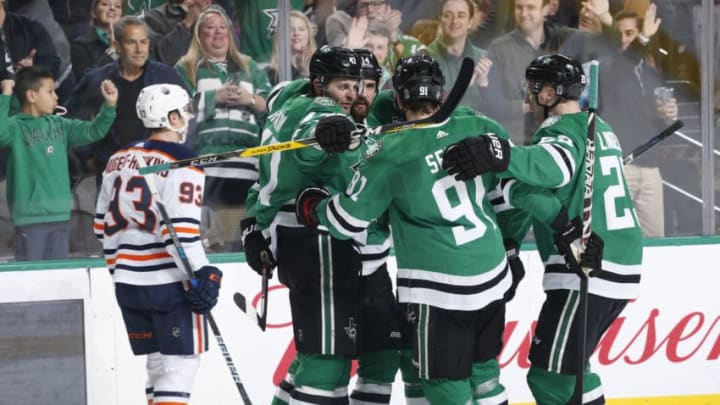 DALLAS, TX - JANUARY 6: Jamie Benn #14, Alexander Radulov #47, Esa Lindell #23 and Tyler Seguin #91 of the Dallas Stars celebrate a goal against the Edmonton Oilers at the American Airlines Center on January 6, 2018 in Dallas, Texas. (Photo by Glenn James/NHLI via Getty Images)