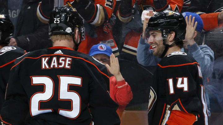 ANAHEIM, CA - FEBRUARY 11: Adam Henrique #14 and Ondrej Kase #25 of the Anaheim Ducks celebrate a goal in the third period of the game against the San Jose Sharks on February 11, 2018 at Honda Center in Anaheim, California. (Photo by Debora Robinson/NHLI via Getty Images)