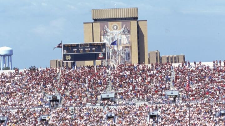 2 Sep 2000: A general view of Touchdown Jesus during the game between the Notre Dame Fighting Irish and theTexas A&M Aggies at Notre Dame Stadium in South Bend, Indiana. The Fighting Irish defeated the Aggies 24-10.Mandatory Credit: Tom Hauck /Allsport