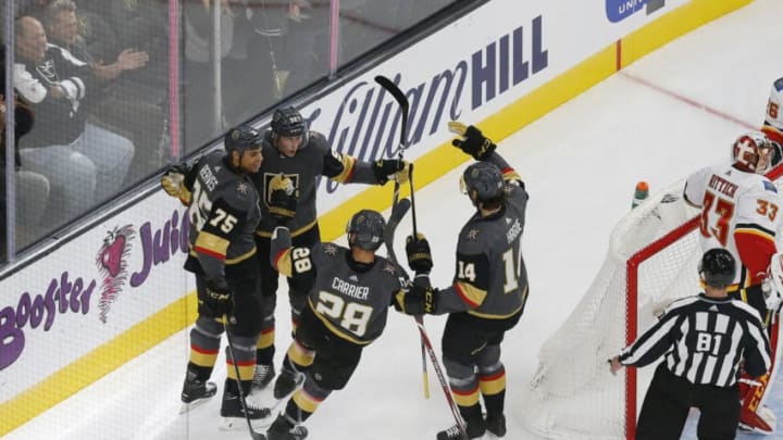 LAS VEGAS, NV - OCTOBER 12: Vegas Golden Knights left wing Tomas Nosek (92) celebrates after scoring a goal during a regular season game between the Calgary Flames and the Vegas Golden Knights Saturday, Oct. 12, 2019, at T-Mobile Arena in Las Vegas, Nevada. (Photo by: Marc Sanchez/Icon Sportswire via Getty Images)