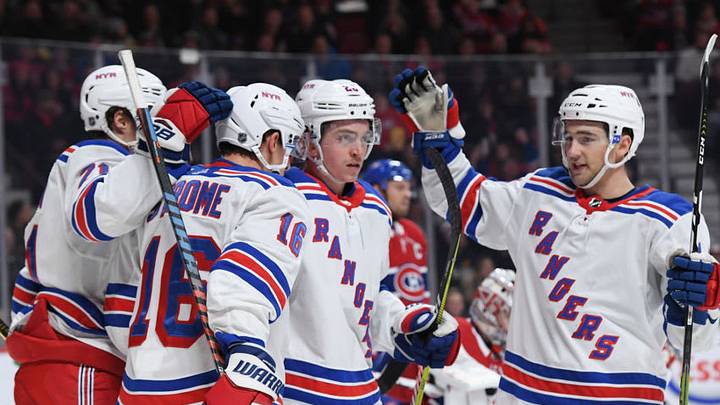 MONTREAL, QC - DECEMBER 1: Ryan Strome #16 of the New York Rangers celebrates with teammates after scoring a goal against the Montreal Canadiens in the NHL game at the Bell Centre on December 1, 2018 in Montreal, Quebec, Canada. (Photo by Francois Lacasse/NHLI via Getty Images)