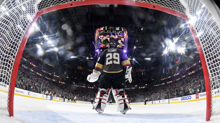 LAS VEGAS, NEVADA – NOVEMBER 17: Marc-Andre Fleury #29 of the Vegas Golden Knights tends net during the second period against the Calgary Flames at T-Mobile Arena on November 17, 2019 in Las Vegas, Nevada. (Photo by Jeff Bottari/NHLI via Getty Images)