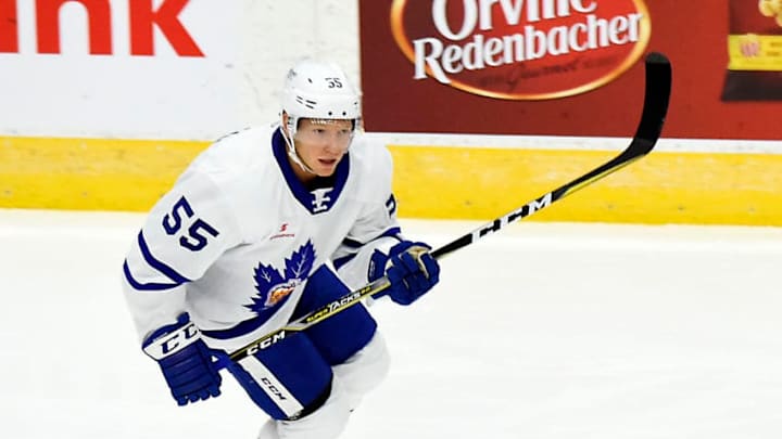 TORONTO, ON - OCTOBER 14: Andreas Borgman #55 of the Toronto Marlies turns up ice against the Utica Comets during AHL game action on October 14, 2018 at Coca-Cola Coliseum in Toronto, Ontario, Canada. (Photo by Graig Abel/Getty Images)