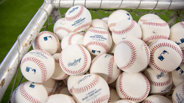 MIAMI, FL - MARCH 28: A detailed view of the MLB batting practice baseballs prior to the Opening Day game between the Miami Marlins and the Colorado Rockies at Marlins Park on March 28, 2019 in Miami, Florida. (Photo by Mark Brown/Getty Images)