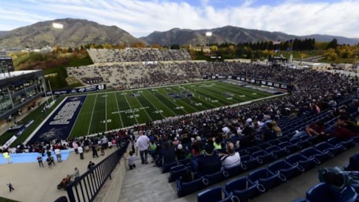 Oct 25, 2014; Logan, UT, USA; General view of Romney Stadium during the fourth quarter of the game between the Utah State Aggies against the UNLV Rebels. The Aggies defeated the Rebels 34-20. Mandatory Credit: Ron Chenoy-USA TODAY Sports