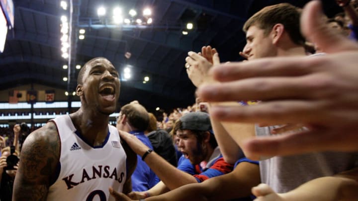 Thomas Robinson #0 of Kansas basketball reacts after the Jayhawks defeated the Missouri Tigers 87-86. (Photo by Jamie Squire/Getty Images)