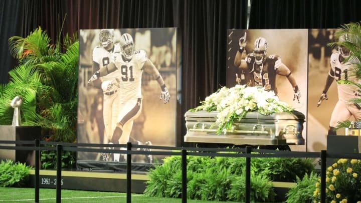 Apr 15, 2016; Metairie, LA, USA; A view of the casket of Will Smith during visitation hosted by the New Orleans Saints and the family of Will Smith for former NFL teammates, fans and guests wishing to pay their final respects to Will Smith at the Saints indoor practice facility. Mandatory Credit: Derick E. Hingle-USA TODAY Sports