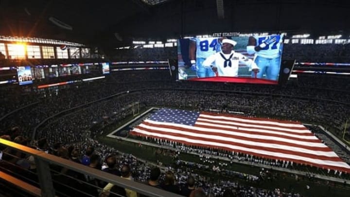 Sep 8, 2013; Arlington, TX, USA; A general view of the United States flag during the national anthem prior to the game with the Dallas Cowboys and New York Giants at AT