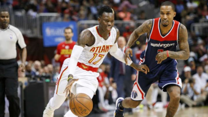 Apr 24, 2017; Atlanta, GA, USA; Atlanta Hawks guard Dennis Schroder (17) drives against Washington Wizards guard Brandon Jennings (7) in the third quarter in game four of the first round of the 2017 NBA Playoffs at Philips Arena. Mandatory Credit: Brett Davis-USA TODAY Sports