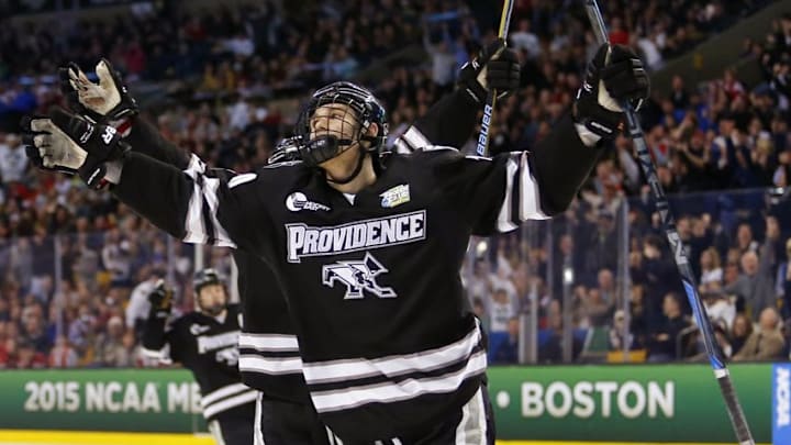 Apr 11, 2015; Boston, MA, USA; Providence College Friars forward Mark Jankowski (10) celebrates his goal against the Boston University Terriers during the second period of the championship game of the Frozen Four college ice hockey tournament at TD Garden. Mandatory Credit: Winslow Townson-USA TODAY Sports