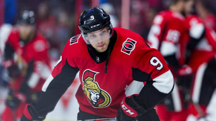 OTTAWA, ON – MARCH 20: Ottawa Senators Right Wing Bobby Ryan (9) takes a shot during warm-up before National Hockey League action between the Florida Panthers and Ottawa Senators on March 20, 2018, at Canadian Tire Centre in Ottawa, ON, Canada. (Photo by Richard A. Whittaker/Icon Sportswire via Getty Images)