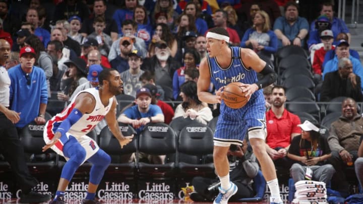 DETROIT, MI - MARCH 28: Aaron Gordon #00 of the Orlando Magic handles the ball against the Detroit Pistons on March 28, 2019 at Little Caesars Arena in Detroit, Michigan. NOTE TO USER: User expressly acknowledges and agrees that, by downloading and/or using this photograph, User is consenting to the terms and conditions of the Getty Images License Agreement. Mandatory Copyright Notice: Copyright 2019 NBAE (Photo by Brian Sevald/NBAE via Getty Images)